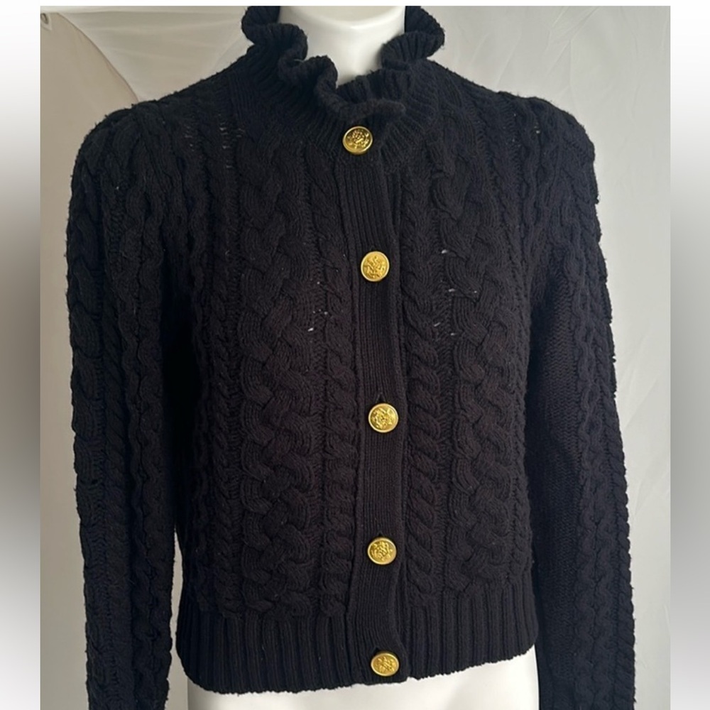 J Crew black cable knit ruffle neck gold button cardigan